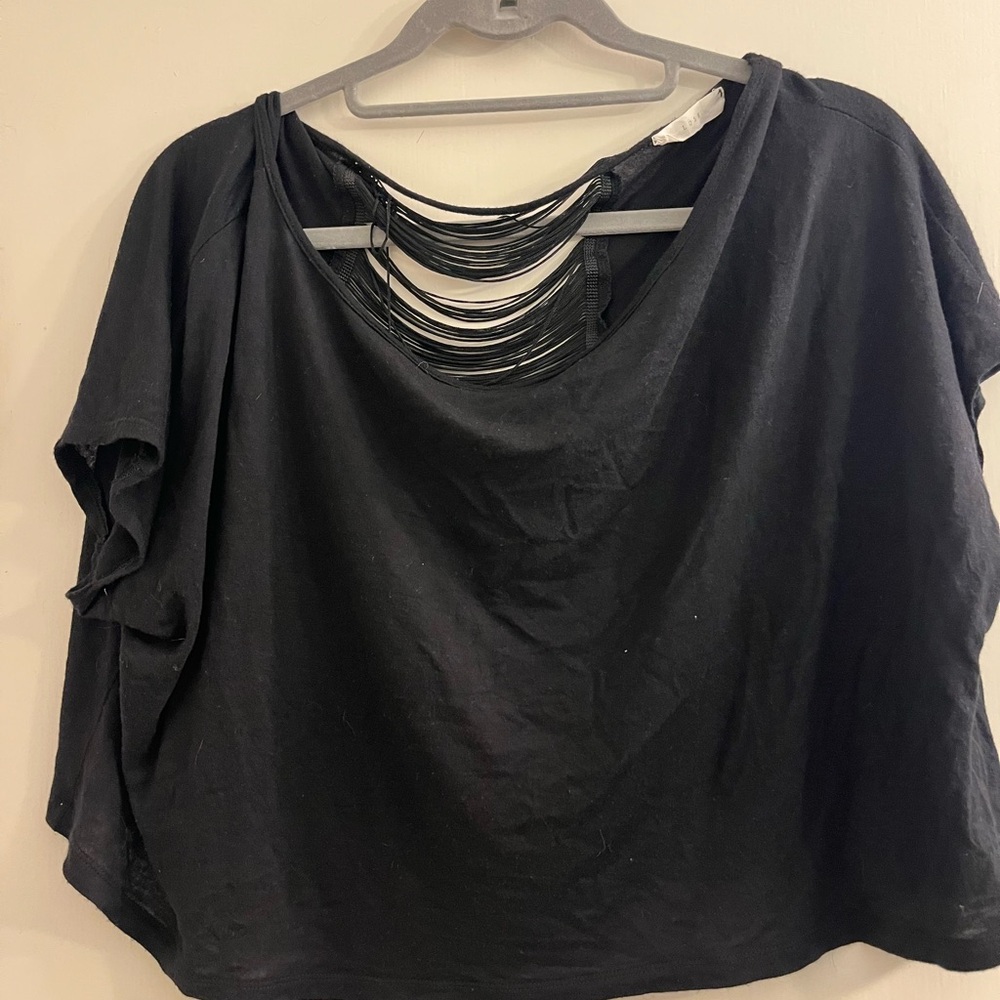 Lush Black Crop Top with Fringe Back